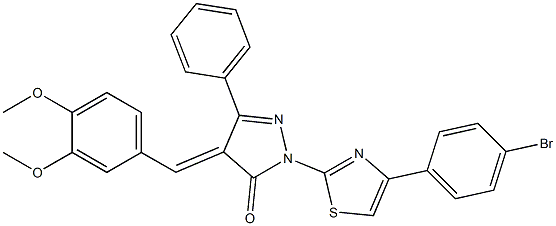 2-[4-(4-bromophenyl)-1,3-thiazol-2-yl]-4-[(E)-(3,4-dimethoxyphenyl)methylidene]-5-phenyl-2,4-dihydro-3H-pyrazol-3-one Struktur