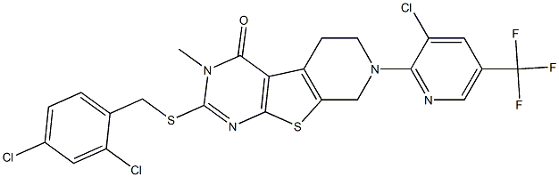 7-[3-chloro-5-(trifluoromethyl)-2-pyridinyl]-2-[(2,4-dichlorobenzyl)sulfanyl]-3-methyl-5,6,7,8-tetrahydropyrido[4',3':4,5]thieno[2,3-d]pyrimidin-4(3H)-one Struktur