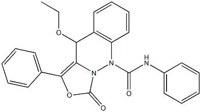 3-フェニル-4-エトキシ-9-フェニルカルバモイル-4,9-ジヒドロ-9,9a-ジアザ-1H-ナフト[2,3-c]フラン-1-オン 化学構造式