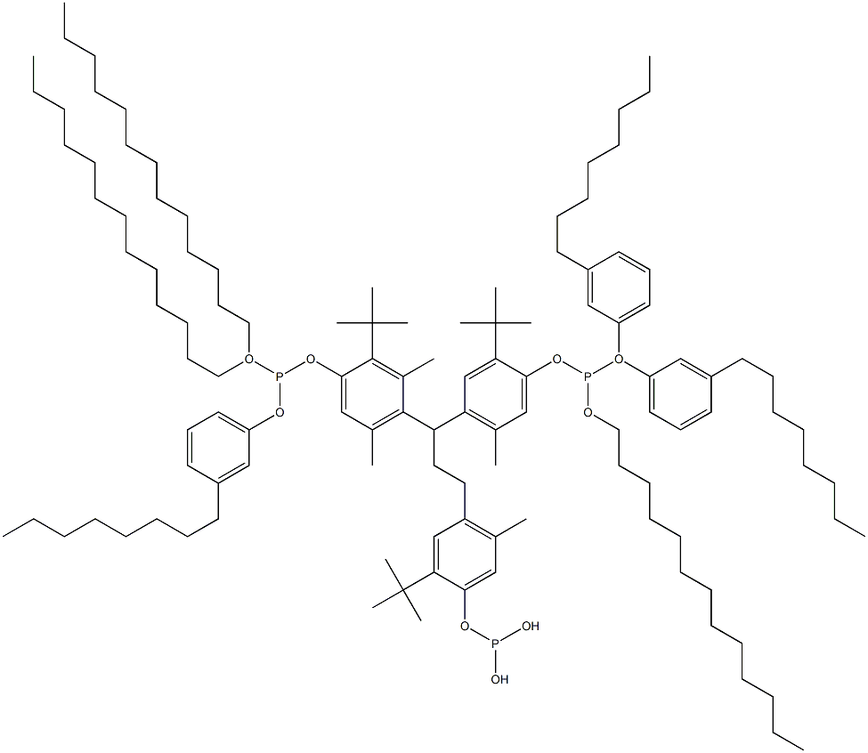 [3-Methyl-1,1,3-propanetriyltris(2-tert-butyl-5-methyl-4,1-phenyleneoxy)]tris(phosphonous acid)O,O',O'-tritridecyl O,O'',O''-tris(3-octylphenyl) ester Structure