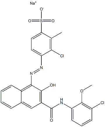 3-クロロ-2-メチル-4-[[3-[[(3-クロロ-2-メトキシフェニル)アミノ]カルボニル]-2-ヒドロキシ-1-ナフチル]アゾ]ベンゼンスルホン酸ナトリウム 化学構造式