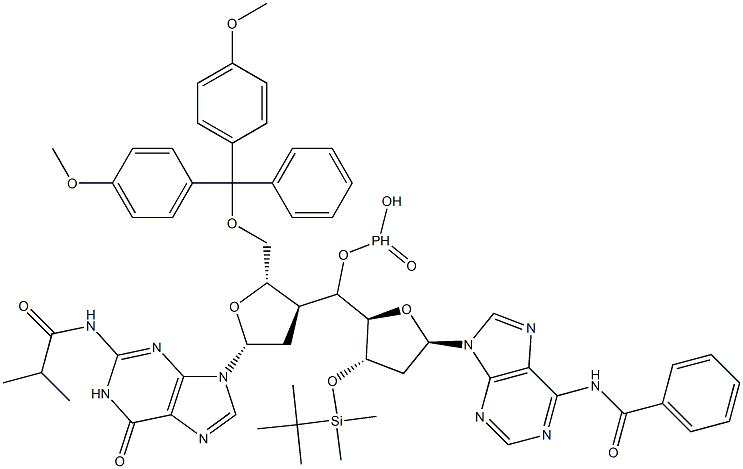 Phosphonic acid [5'-O-(4,4'-dimethoxytrityl)-N-isobutyryl-2'-deoxy-3'-guanosyl][3'-O-(tert-butyldimethylsilyl)-N-benzoyl-2'-deoxy-5'-adenosyl] ester Structure
