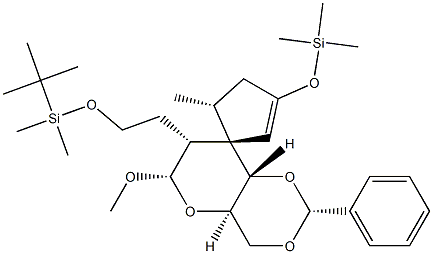 (2R,4aR,5'R,6S,7R,8R,8aS)-4,4a,6,7,8,8a-Hexahydro-5'-methyl-6-methoxy-2-phenyl-7-[2-[tert-butyldimethylsilyloxy]ethyl]-3'-(trimethylsilyloxy)spiro[pyrano[3,2-d]-1,3-dioxin-8,1'-cyclopentan]-2'-ene Structure