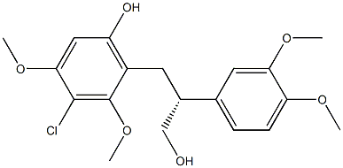 [R,(-)]-3-(3-クロロ-6-ヒドロキシ-2,4-ジメトキシフェニル)-2-(3,4-ジメトキシフェニル)-1-プロパノール 化学構造式