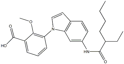 3-[6-(2-エチルヘキサノイルアミノ)-1H-インドール-1-イル]-2-メトキシ安息香酸 化学構造式