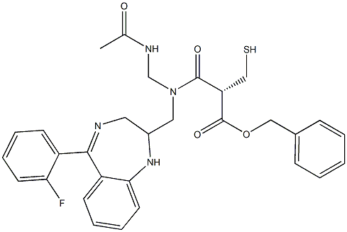 (2S)-2-Benzyloxycarbonyl-N-(acetylaminomethyl)-N-[[[5-(2-fluorophenyl)-2,3-dihydro-1H-1,4-benzodiazepin]-2-yl]methyl]-3-mercaptopropionamide Struktur
