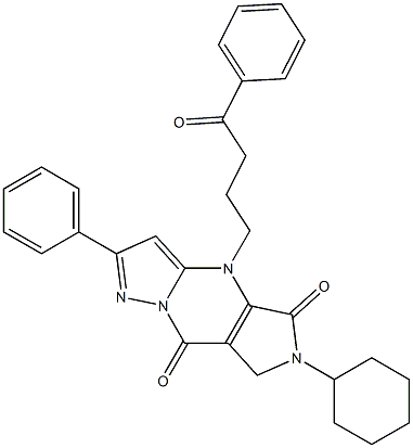 6-Cyclohexyl-6,7-dihydro-4-(4-oxo-4-phenylbutyl)-2-phenyl-4H-1,4,6,8a-tetraaza-s-indacene-5,8-dione Struktur