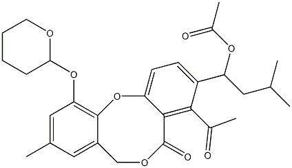 Acetic acid 1-(4-acetyl-11-[(tetrahydro-2H-pyran)-2-yloxy]-9-methyl-5-oxo-5H,7H-dibenzo[b,g][1,5]dioxocin-3-yl)-3-methylbutyl ester Structure