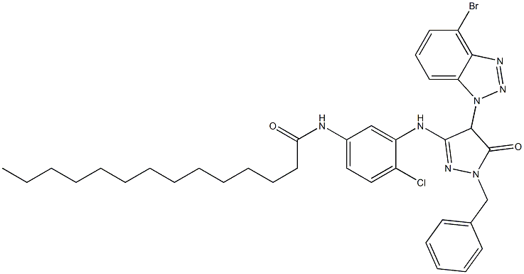 1-Benzyl-3-[(2-chloro-5-tetradecanamido)anilino]-4-(bromo-1-benzotriazolyl)-5-oxo-2-pyrazoline Struktur