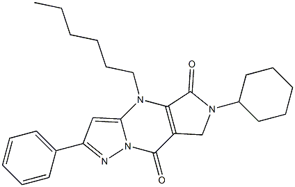 6-Cyclohexyl-6,7-dihydro-4-hexyl-2-phenyl-4H-1,4,6,8a-tetraaza-s-indacene-5,8-dione Structure