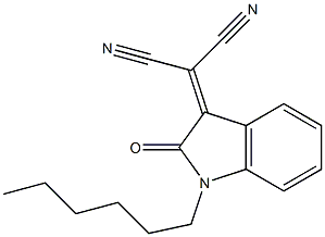 2-[(1-ヘキシル-2-オキソ-2,3-ジヒドロ-1H-インドール)-3-イリデン]マロノニトリル 化学構造式