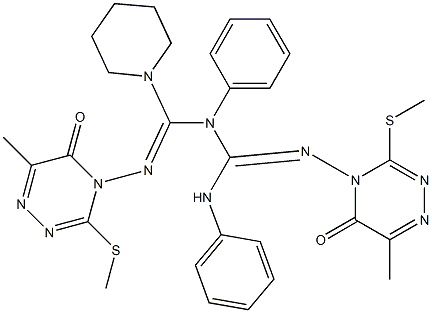 1,3-Diphenyl-2-[(4,5-dihydro-6-methyl-3-methylthio-5-oxo-1,2,4-triazin)-4-yl]-1-[(1-piperidinyl)[(4,5-dihydro-6-methyl-3-methylthio-5-oxo-1,2,4-triazin)-4-ylimino]methyl]guanidine Struktur