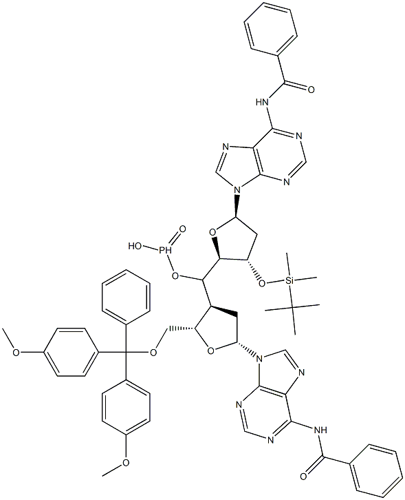 Phosphonic acid [5'-O-(4,4'-dimethoxytrityl)-N-benzoyl-2'-deoxy-3'-adenosyl][3'-O-(tert-butyldimethylsilyl)-N-benzoyl-2'-deoxy-5'-adenosyl] ester Structure