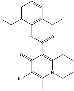 7-Bromo-1,2,3,8-tetrahydro-6-methyl-8-oxo-N-(2,6-diethylphenyl)-4H-quinolizine-9-carboxamide Struktur