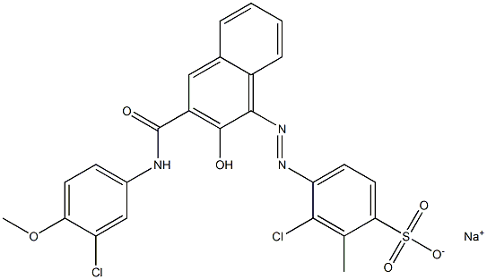 3-クロロ-2-メチル-4-[[3-[[(3-クロロ-4-メトキシフェニル)アミノ]カルボニル]-2-ヒドロキシ-1-ナフチル]アゾ]ベンゼンスルホン酸ナトリウム 化学構造式