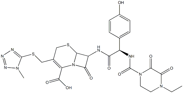 (-)-7-[(R)-2-(4-Ethyl-2,3-dioxo-1-piperazinylcarbonylamino)-2-(4-hydroxyphenyl)acetylamino]-3-(1-methyl-1H-tetrazole-5-ylthiomethyl)-8-oxo-5-thia-1-azabicyclo[4.2.0]octa-2-ene-2-carboxylic acid Struktur