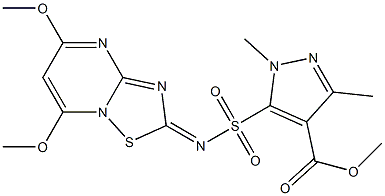 1,3-Dimethyl-5-[(5,7-dimethoxy-2H-[1,2,4]thiadiazolo[2,3-a]pyrimidin-2-ylidene)sulfamoyl]-1H-pyrazole-4-carboxylic acid methyl ester 结构式