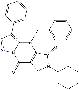 6-Cyclohexyl-6,7-dihydro-4-benzyl-3-phenyl-4H-1,4,6,8a-tetraaza-s-indacene-5,8-dione Structure