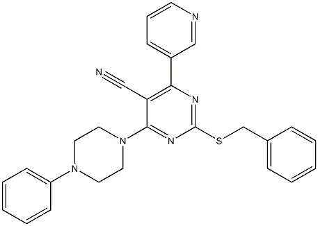 2-ベンジルチオ-6-(3-ピリジニル)-4-[4-フェニル-1-ピペラジニル]ピリミジン-5-カルボニトリル 化学構造式