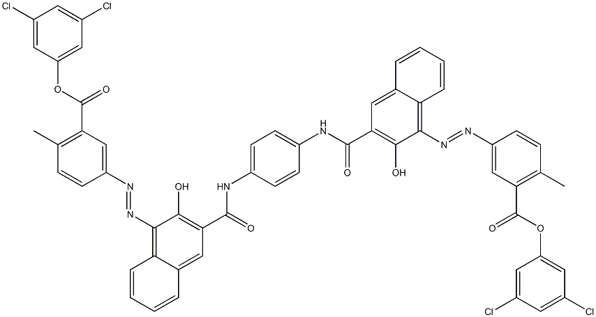 1,4-Bis[1-[[4-methyl-5-(3,5-dichlorophenoxycarbonyl)phenyl]azo]-2-hydroxy-3-naphthoylamino]benzene,,结构式