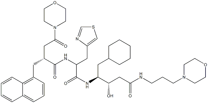 (3S,4S)-3-Hydroxy-5-cyclohexyl-4-[3-(4-thiazolyl)-2-[[(2R)-2-[morpholinocarbonylmethyl]-3-(1-naphthalenyl)propionyl]amino]propionylamino]-N-(3-morpholinopropyl)valeramide Struktur