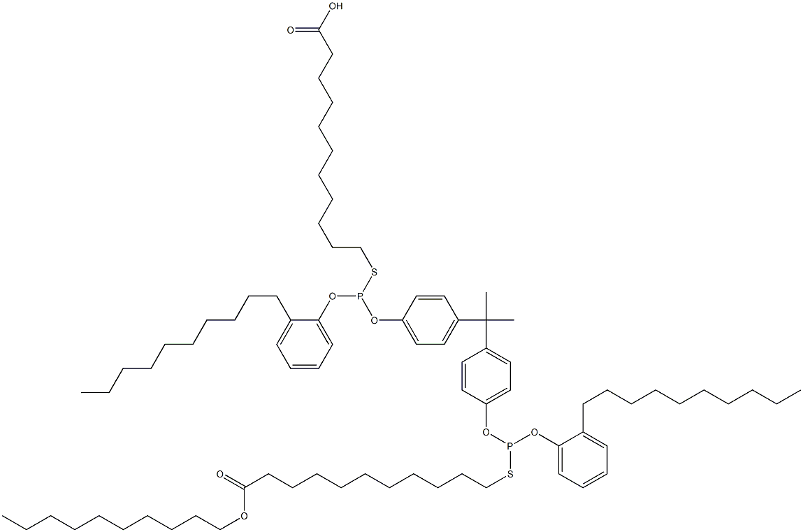 11,11'-[[イソプロピリデンビス(4,1-フェニレンオキシ)]ビス[[(2-デシルフェニル)オキシ]ホスフィンジイルチオ]]ビス(ウンデカン酸デシル) 化学構造式