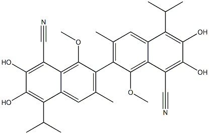 6,6',7,7'-テトラヒドロキシ-1,1'-ジメトキシ-5,5'-ジイソプロピル-3,3'-ジメチル-2,2'-ビナフタレン-8,8'-ジカルボニトリル 化学構造式
