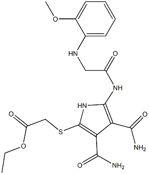 2-[[[(o-Methoxyphenyl)amino]acetyl]amino]-5-[(ethoxycarbonylmethyl)thio]-1H-pyrrole-3,4-dicarboxamide,,结构式