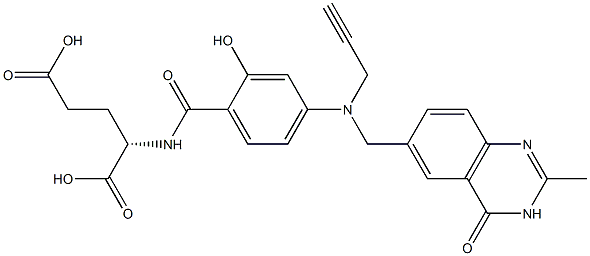 (2S)-2-[2-ヒドロキシ-4-[N-[(3,4-ジヒドロ-2-メチル-4-オキソキナゾリン)-6-イルメチル]-N-(2-プロピニル)アミノ]ベンゾイルアミノ]グルタル酸 化学構造式