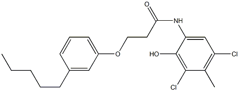 2-[3-(3-ペンチルフェノキシ)プロパノイルアミノ]-4,6-ジクロロ-5-メチルフェノール 化学構造式