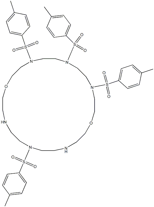 4,7,10,19-テトラキス[(4-メチルフェニル)スルホニル]-1,13-ジオキサ-4,7,10,16,19,22-ヘキサアザシクロテトラコサン 化学構造式