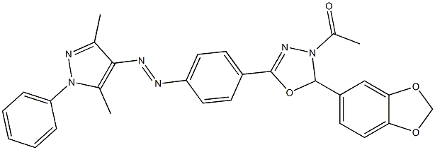 4-アセチル-5-(1,3-ベンゾジオキソール-5-イル)-4,5-ジヒドロ-2-[4-[(3,5-ジメチル-1-フェニル-1H-ピラゾール-4-イル)アゾ]フェニル]-1,3,4-オキサジアゾール 化学構造式