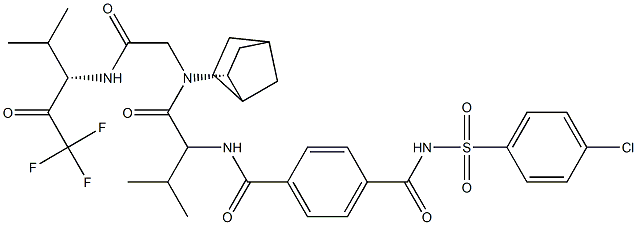 N-[(1S)-1-[[[(2R)-ビシクロ[2.2.1]ヘプタン-2-イル][[[1-(トリフルオロアセチル)-2-メチルプロピル]カルバモイル]メチル]アミノ]カルボニル]-2-メチルプロピル]-N'-[(4-クロロフェニル)スルホニル]テレフタルアミド 化学構造式