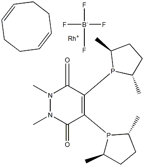 (-)-4,5-Bis[(2R,5R)-2,5-dimethylphospholanyl](1,2-dimethyl-1,2-dihydropyridazine-3,6-dione)(1,5-cyclooctadiene)rhodium(I) tetrafluoroborate Structure