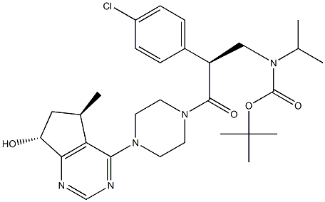 tert-butyl (S)-2-(4-chlorophenyl)-3-(4-((5R,7R)-6,7-dihydro-7-hydroxy-5-methyl-5H-cyclopenta[d]pyrimidin-4-yl)piperazin-1-yl)-3-oxopropylisopropylcarbamate,,结构式