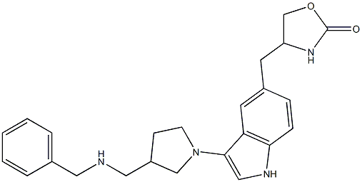 3-(3-(N-benzylaminomethyl)pyrrolidinyl)-5-((2-oxooxazolidin-4-yl)methyl)indole Struktur