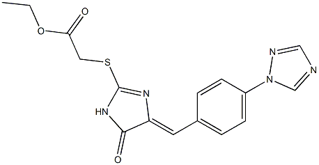 ethyl 2-[(5-oxo-4-{(E)-[4-(1H-1,2,4-triazol-1-yl)phenyl]methylidene}-4,5-dihydro-1H-imidazol-2-yl)sulfanyl]acetate Struktur