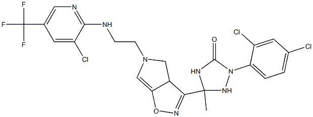 5-(2-{[3-chloro-5-(trifluoromethyl)-2-pyridinyl]amino}ethyl)-3-[1-(2,4-dichlorophenyl)-3-methyl-5-oxo-1,2,4-triazolan-3-yl]-3aH-pyrrolo[3,4-d]isoxazol 化学構造式