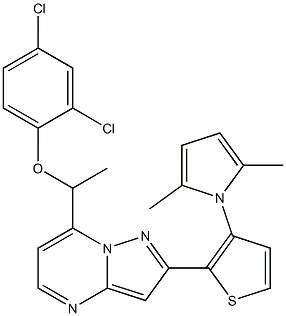 7-[1-(2,4-dichlorophenoxy)ethyl]-2-[3-(2,5-dimethyl-1H-pyrrol-1-yl)-2-thienyl]pyrazolo[1,5-a]pyrimidine 化学構造式