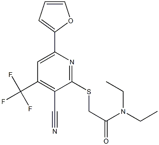 2-{[3-cyano-6-(2-furyl)-4-(trifluoromethyl)-2-pyridinyl]sulfanyl}-N,N-diethylacetamide Struktur