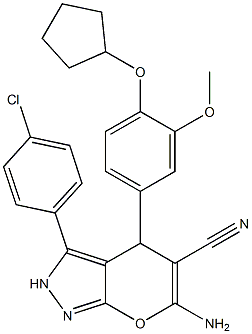 6-amino-3-(4-chlorophenyl)-4-[4-(cyclopentyloxy)-3-methoxyphenyl]-2,4-dihydropyrano[2,3-c]pyrazole-5-carbonitrile Struktur