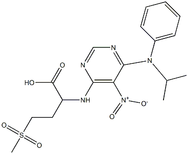 2-{[6-(isopropylanilino)-5-nitro-4-pyrimidinyl]amino}-4-(methylsulfonyl)butanoic acid Struktur