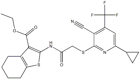 ethyl 2-[(2-{[3-cyano-6-cyclopropyl-4-(trifluoromethyl)-2-pyridinyl]sulfanyl}acetyl)amino]-4,5,6,7-tetrahydro-1-benzothiophene-3-carboxylate Structure