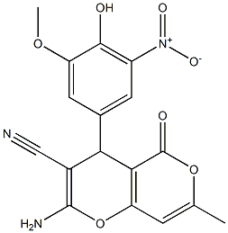 2-amino-4-(4-hydroxy-3-methoxy-5-nitrophenyl)-7-methyl-5-oxo-4H,5H-pyrano[4,3-b]pyran-3-carbonitrile 结构式