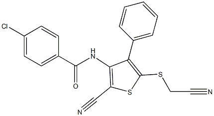 4-chloro-N-{2-cyano-5-[(cyanomethyl)sulfanyl]-4-phenyl-3-thienyl}benzenecarboxamide,,结构式
