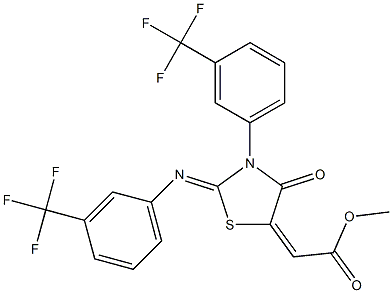 methyl 2-(4-oxo-3-[3-(trifluoromethyl)phenyl]-2-{[3-(trifluoromethyl)phenyl]imino}-1,3-thiazolan-5-yliden)acetate 化学構造式