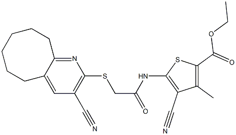 ethyl 4-cyano-5-({2-[(3-cyano-5,6,7,8,9,10-hexahydrocycloocta[b]pyridin-2-yl)sulfanyl]acetyl}amino)-3-methyl-2-thiophenecarboxylate Structure