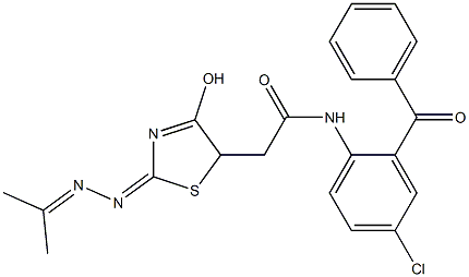 N-(2-benzoyl-4-chlorophenyl)-2-{4-hydroxy-2-[(1-methylethylidene)hydrazono]-2,5-dihydro-1,3-thiazol-5-yl}acetamide 化学構造式