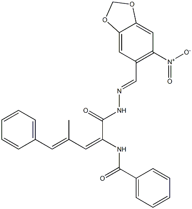 N-(1-{[2-({6-nitro-1,3-benzodioxol-5-yl}methylene)hydrazino]carbonyl}-3-methyl-4-phenyl-1,3-butadienyl)benzamide 化学構造式