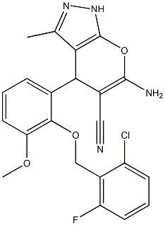 6-amino-4-{2-[(2-chloro-6-fluorobenzyl)oxy]-3-methoxyphenyl}-3-methyl-1,4-dihydropyrano[2,3-c]pyrazole-5-carbonitrile Structure